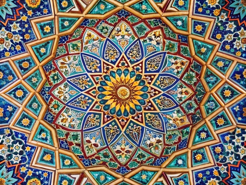 Intricately designed Islamic geometric patterns adorn ancient architecture, featuring repeating shapes, stars, and