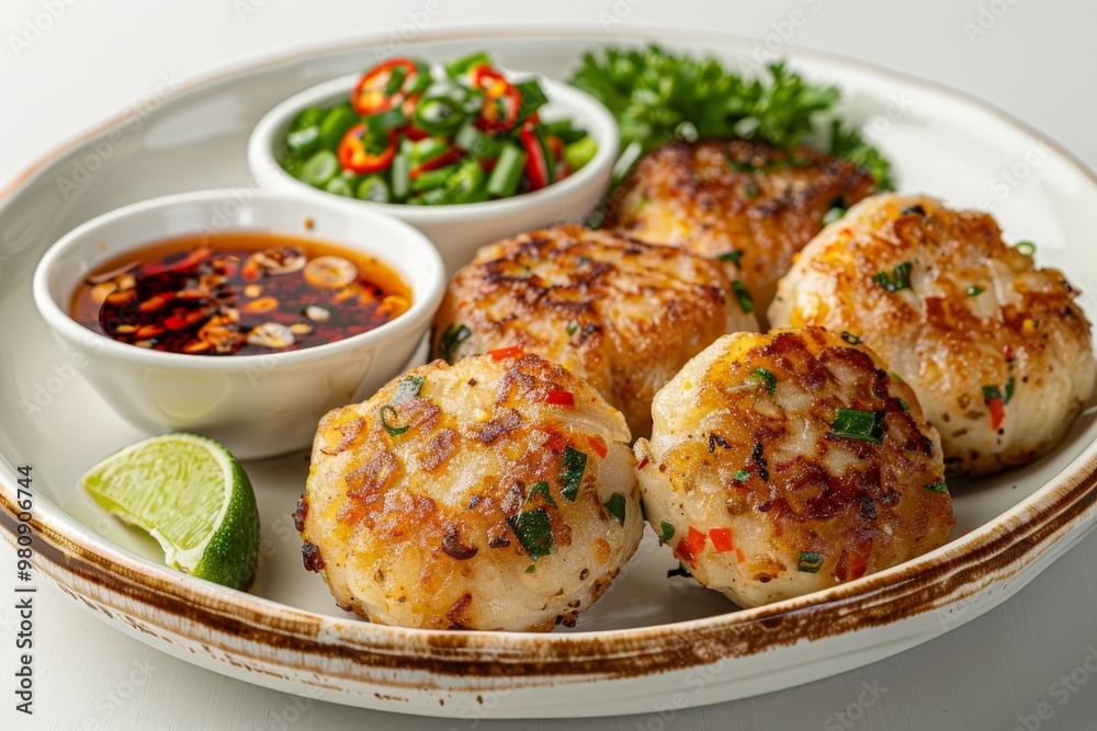 Thai fish cakes with a side of sweet chili sauce Thai fish cakes with a side of sweet chili sauce