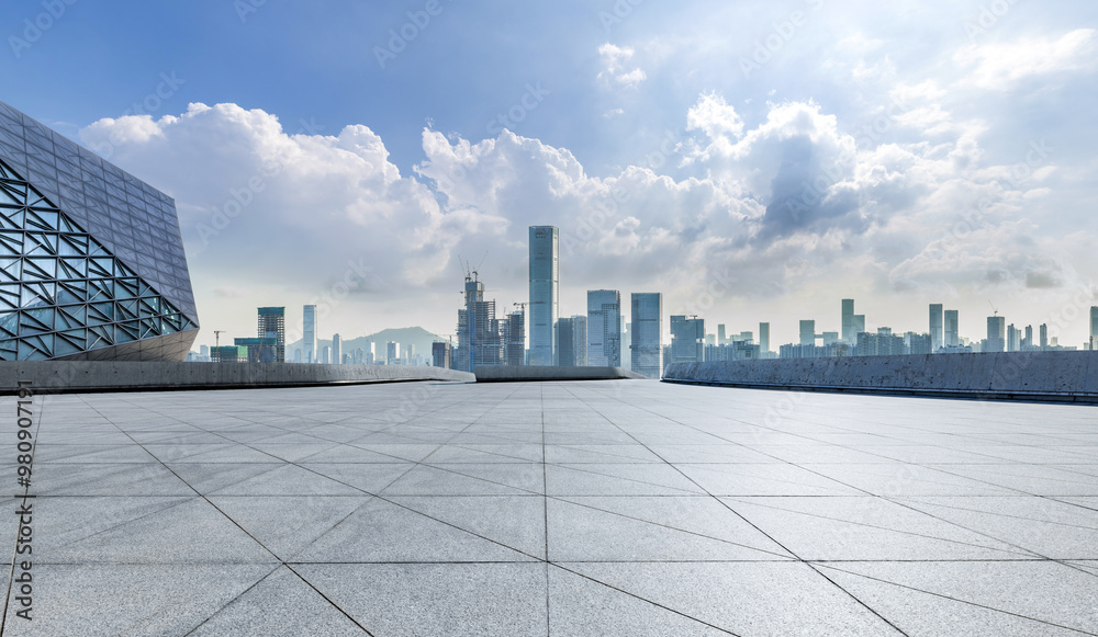 Fototapeta premium Empty square floor and city skyline with modern buildings scenery in Shenzhen. car advertising background.