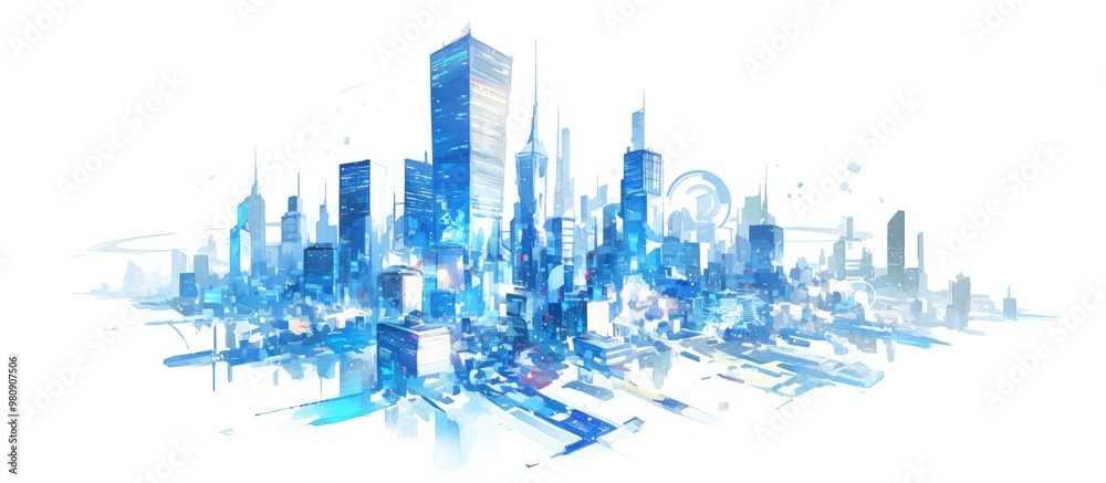 Obraz premium Illustration of a modern cityscape on a white background featuring skyscrapers banks and office buildings symbolizing business success and international corporations