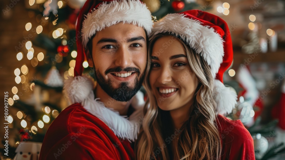 A happy sweet couple in Santa Claus costume selfie with smartphone together at Christmas celebration party. A happy sweet couple in Santa Claus costume selfie with smartphone together at Christmas celebration party.
