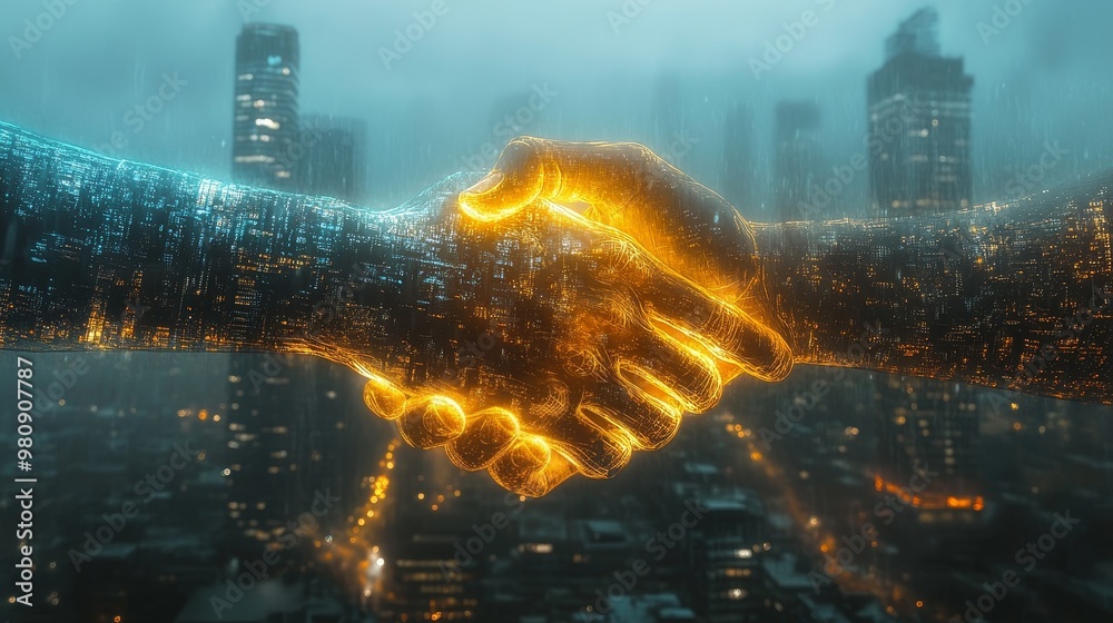 A metaphorical handshake symbolizing trust and cooperation, set against a backdrop of skyscrapers, symbolizing long-term business relationships and cooperation. A metaphorical handshake symbolizing trust and cooperation, set against a backdrop of skyscrapers, symbolizing long-term business relationships and cooperation.