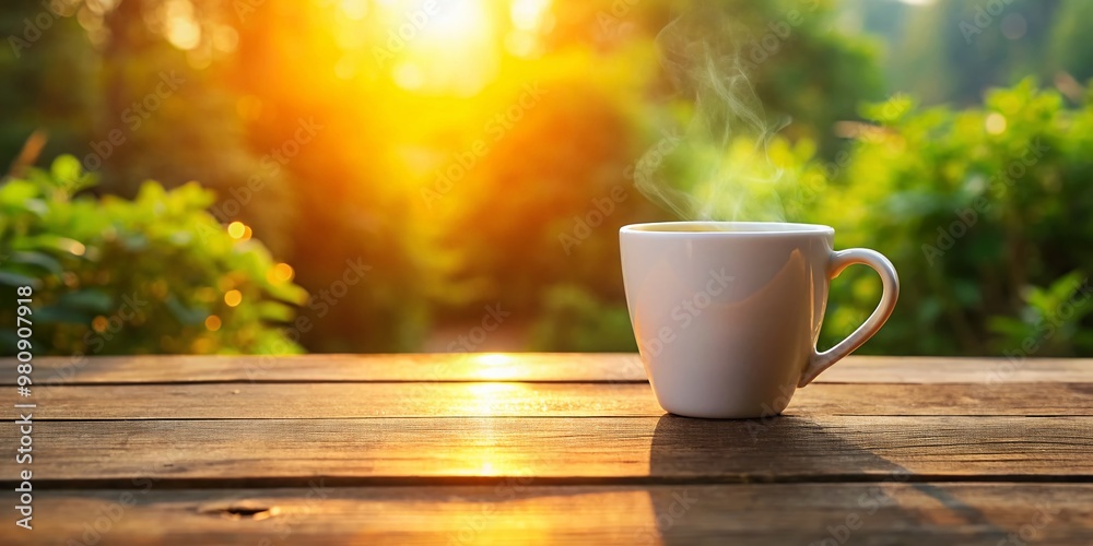 Isolated white ceramic mug on a clean wooden table with subtle morning light casting a warm glow, evoking Isolated white ceramic mug on a clean wooden table with subtle morning light casting a warm glow, evoking