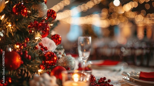  red and green decorated Christmas tree with gold bokeh light of Christmas celebration party at background.