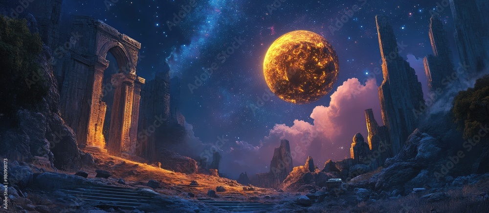 Fototapeta premium Golden Orb Investigating Textured Ancient Ruins Under Night Sky