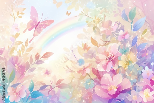 Gentle pink flowers with sparkle drops, rainbow, butterfly in pastel colors, background with copy space. 