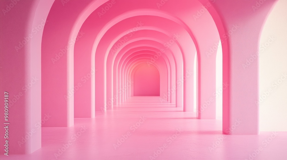 Surreal 3D rendering featuring a pastel pink arch corridor set against an abstract background Dreamlike interior illustration in vibrant hues