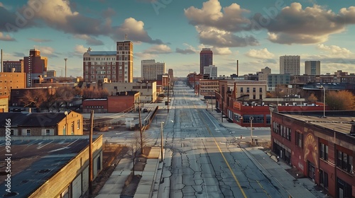 A vibrant cityscape of Gary, Indiana's downtown, bathed in warm afternoon light, showcasing historic buildings, streets, and an urban landscape devoid of human presence.