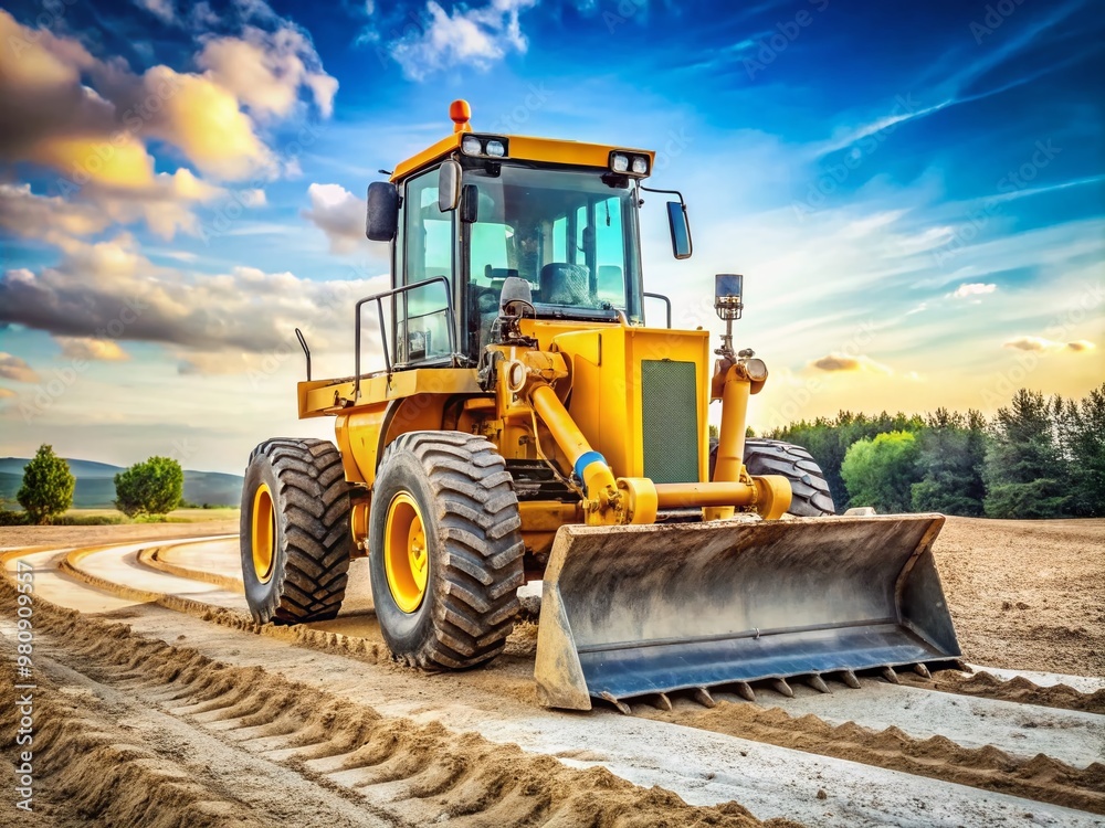 Large yellow grader machine on a dirt road, front blade raised, tires tracked, amidst a blurred background of Large yellow grader machine on a dirt road, front blade raised, tires tracked, amidst a blurred background of