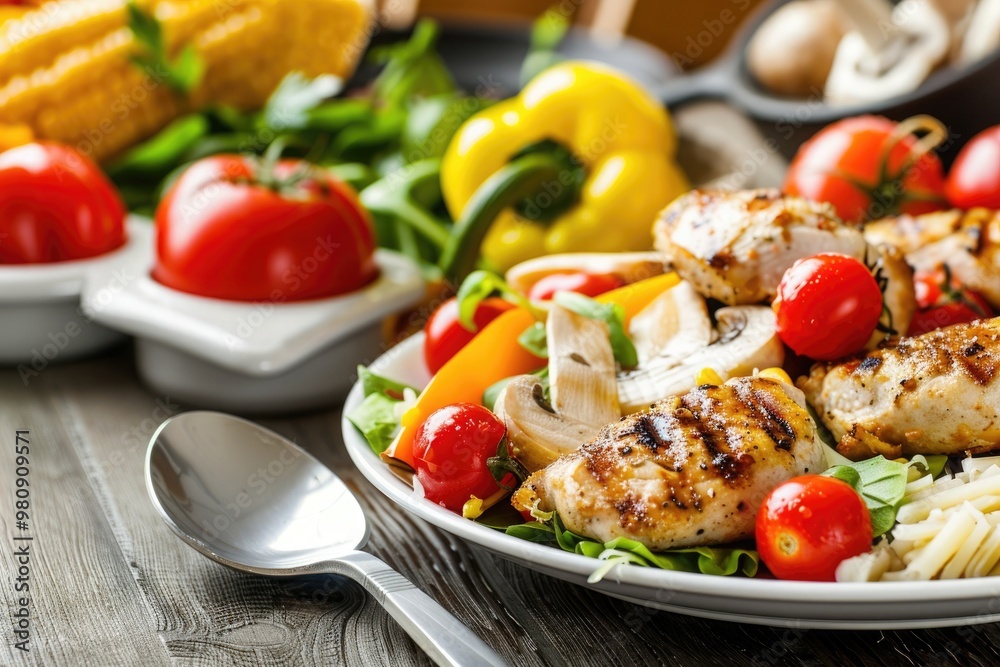 A colorful plate of grilled chicken breast with fresh vegetables A colorful plate of grilled chicken breast with fresh vegetables