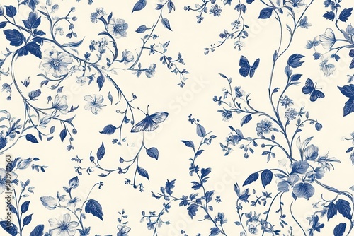 Elegant floral and butterfly pattern on soft background for textile design.