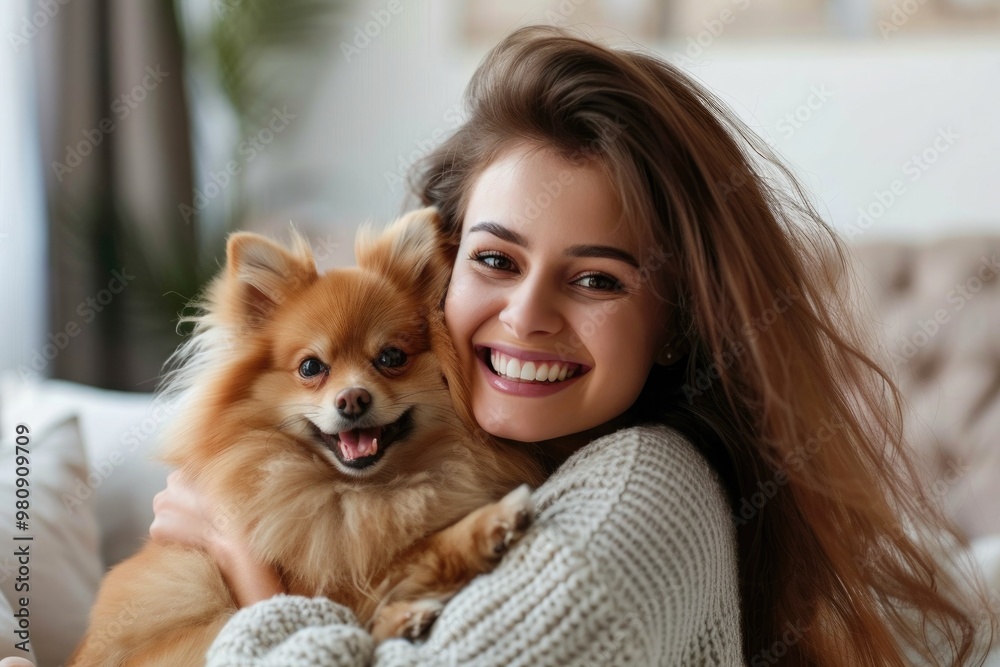 A woman holding a smiling Pomeranian dog in a cozy home setting A woman holding a smiling Pomeranian dog in a cozy home setting