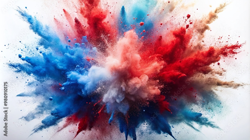 Vibrant red, white, and blue dust explosion background with a splash of American flag colors, smoke, and dust on a white background, evoking patriotism and independence. Vibrant red, white, and blue dust explosion background with a splash of American flag colors, smoke, and dust on a white background, evoking patriotism and independence.