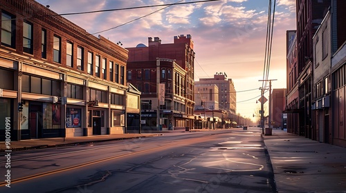 An empty downtown Gary, Indiana, with historic architecture and streets glowing under the warm hues of late afternoon sun, capturing a sense of stillness and nostalgia.