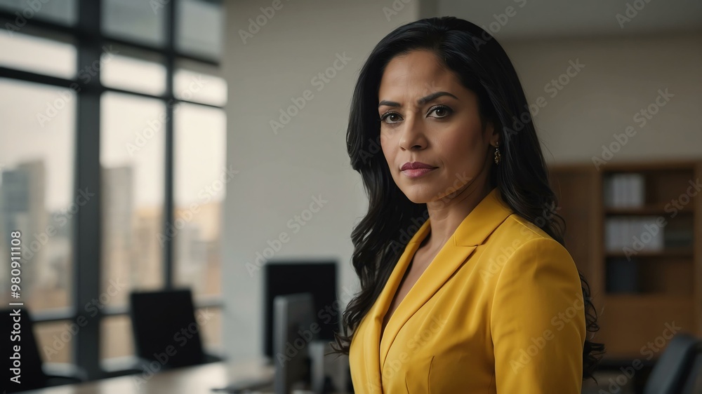 Fototapeta premium adult black hair hispanic woman in yellow formal attire model portrait looking confident on an office background for ad concept space for text
