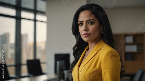 adult black hair hispanic woman in yellow formal attire model portrait looking confident on an office background for ad concept space for text Free Download adult black hair hispanic woman in yellow formal attire model portrait looking confident on an office background for ad concept space for text - GFXLoad