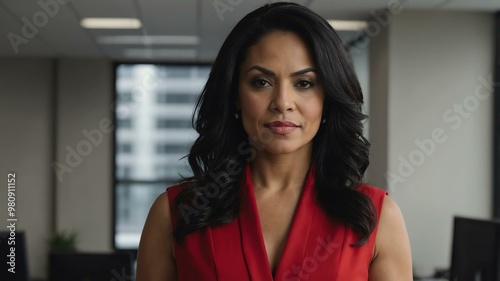 Free Download adult black hair hispanic woman in red formal attire model portrait looking confident on an office background for ad concept space for text - GFXLoad
