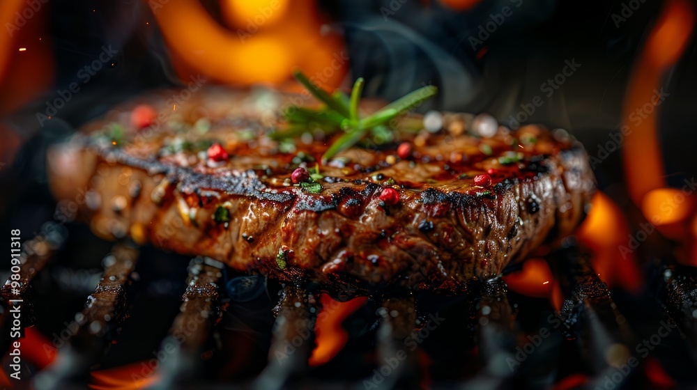 Beef steak sizzling on the grill with fire Beef steak sizzling on the grill with fire