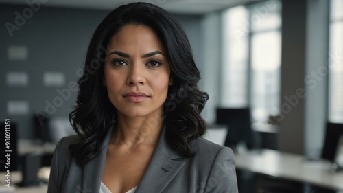 adult black hair hispanic woman in gray formal attire model portrait looking confident on an office background for ad concept space for text Free Download adult black hair hispanic woman in gray formal attire model portrait looking confident on an office background for ad concept space for text - GFXLoad