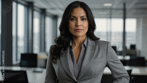 Free Download adult black hair hispanic woman in gray formal attire model portrait looking confident on an office background for ad concept space for text - GFXLoad