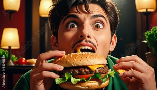 Close-up shot of an open-mouthed person eating a juicy hamburger with cheese, lettuce, and tomato.