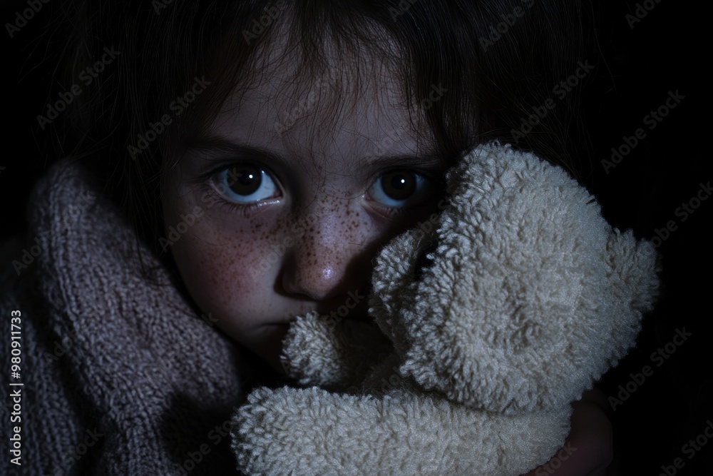 An unhappy, post-apocalyptic child holds a teddy bear in a dirty room