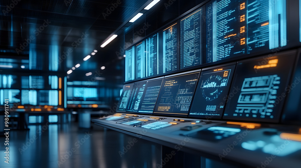 Smart warehouse control room with screens displaying real-time data. Smart warehouse control room with screens displaying real-time data.