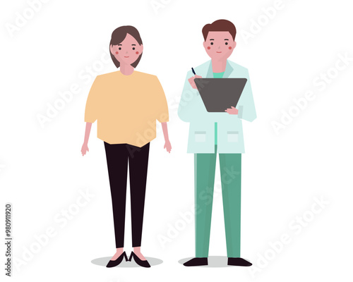 診察を受ける患者と病院で診察をする医者。健康診断を受ける女性。ベクターイラスト