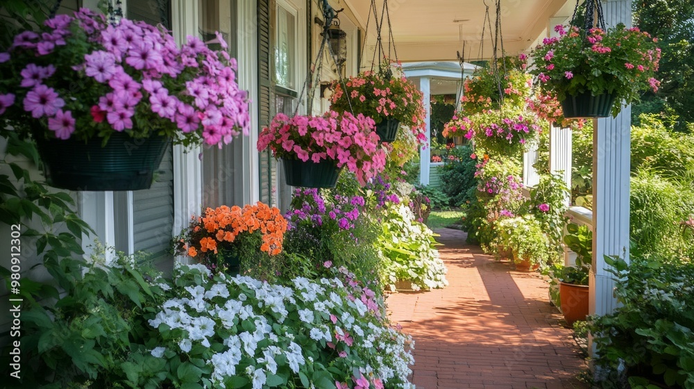 The entrance to a white wooden historic house with a white door and colorful flowers and garden plants. The entrance to a white wooden historic house with a white door and colorful flowers and garden plants.