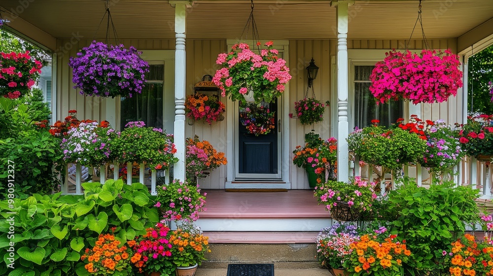 The entrance to a white wooden historic house with a white door and colorful flowers and garden plants. The entrance to a white wooden historic house with a white door and colorful flowers and garden plants.
