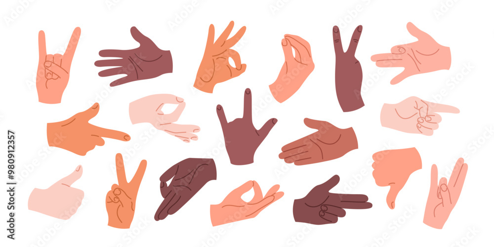 Set of human hands with different gestures and positions. Hands with different skin tones showing like, dislike, OK, rock, fist and other signs. Isolated vector illustrations on a white background. Set of human hands with different gestures and positions. Hands with different skin tones showing like, dislike, OK, rock, fist and other signs. Isolated vector illustrations on a white background.
