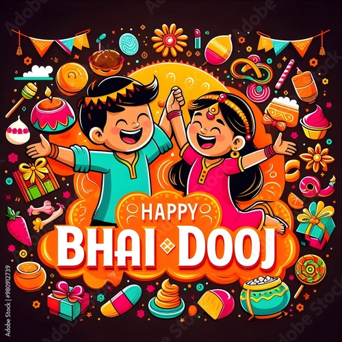 Bhai Dooj cartoon-style illustrations of a brother and sister.
