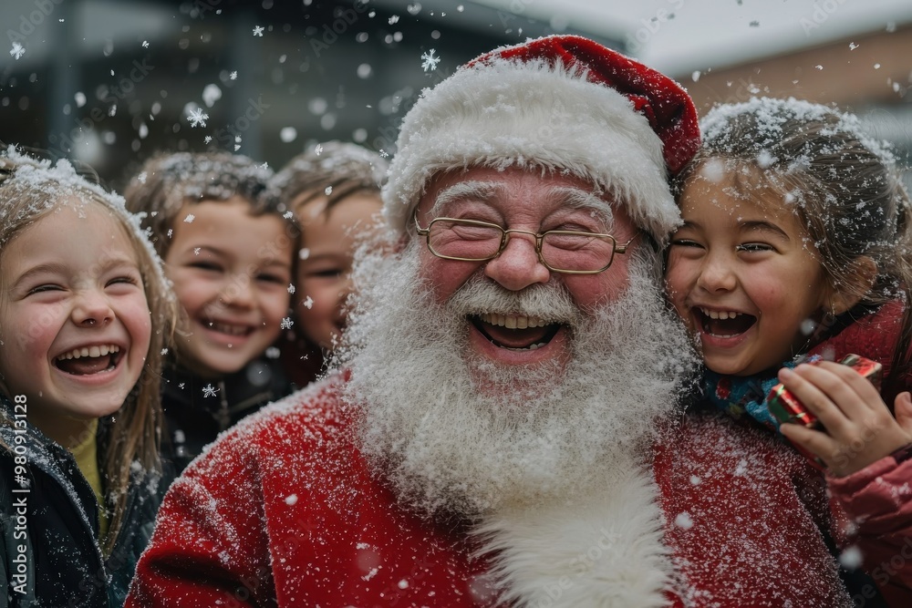 A joyful Santa Claus laughs in the snow as excited children surround him, creating a harmonious and heartwarming scene full of festive cheer and delight. A joyful Santa Claus laughs in the snow as excited children surround him, creating a harmonious and heartwarming scene full of festive cheer and delight.
