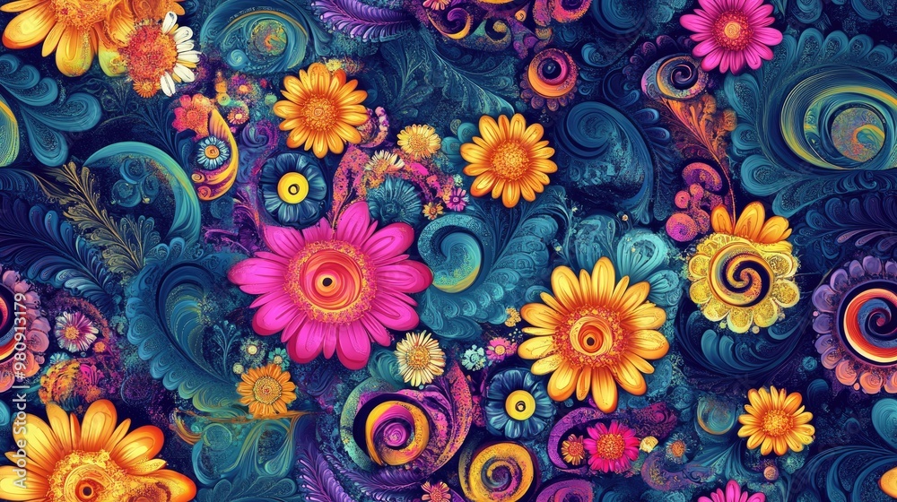 Abstract seamless pattern featuring spiral flowers in a grid perfect for use in carpets tapestries fabrics or other creative applications presented in high resolution and vibrant colors Abstract seamless pattern featuring spiral flowers in a grid perfect for use in carpets tapestries fabrics or other creative applications presented in high resolution and vibrant colors