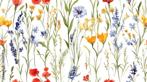 Charming seamless floral pattern featuring hand painted watercolor wildflowers Stock illustration