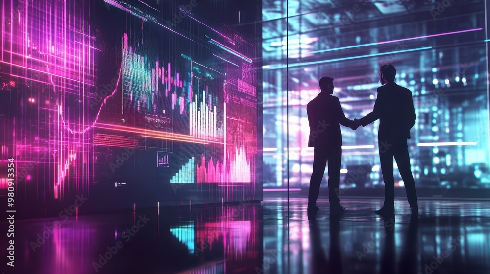 A dynamic business scene in a futuristic office, business leaders shaking hands, holographic charts and graphs displaying market trends and data, creative lighting, and tech-infuse A dynamic business scene in a futuristic office, business leaders shaking hands, holographic charts and graphs displaying market trends and data, creative lighting, and tech-infuse