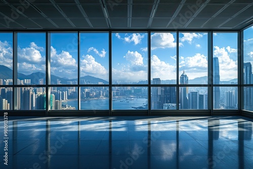 cityscape of hong kong in blue cloud sky from empty office