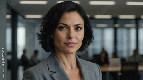 Wallpaper Mural adult black hair caucasian woman in gray formal attire model portrait looking confident on an office background for ad concept space for text Torontodigital.ca