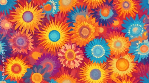 Seamless texture featuring a vibrant pattern of bright cheerful suns in various shapes and colors radiating warmth Illustration