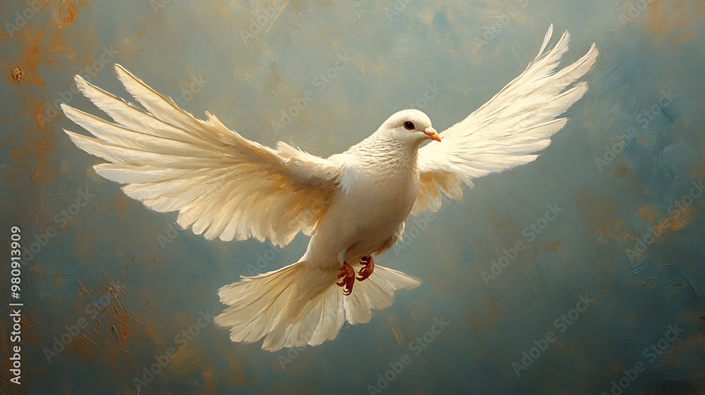 Fototapeta premium A white dove with its wings spread wide, in mid-flight against a blue and gold background.