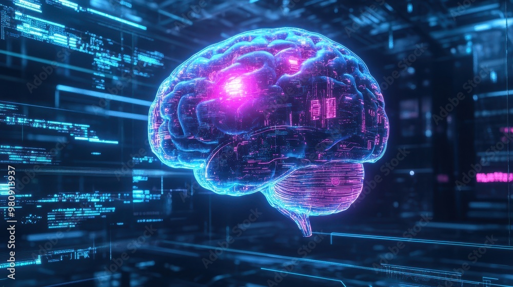 Neon blue and purple 3D brain floating in mid-air, surrounded by swirling digital data and holographic diagrams, cyberpunk style. Neon blue and purple 3D brain floating in mid-air, surrounded by swirling digital data and holographic diagrams, cyberpunk style.