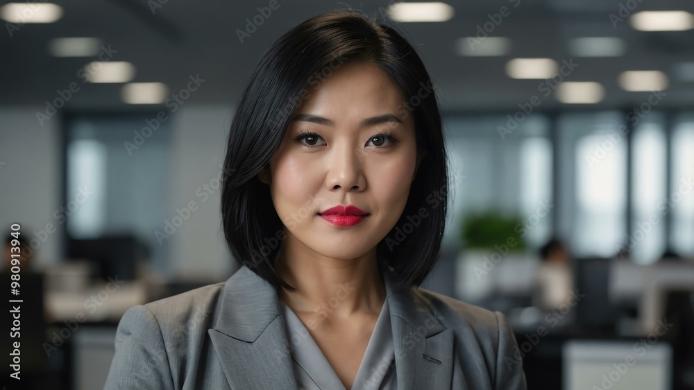 Naklejka premium adult black hair asian woman in gray formal attire model portrait looking confident on an office background for ad concept space for text