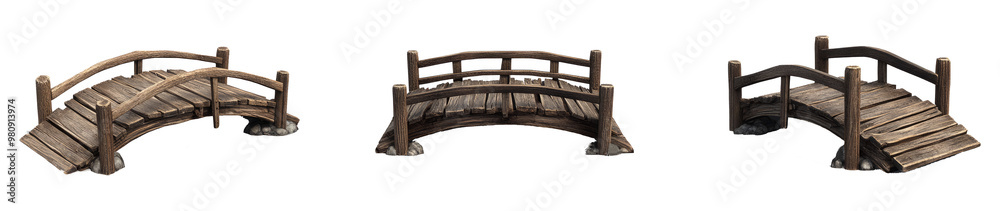Naklejka premium Set collection of arch rustic wooden wood suspended suspension bridge footbridge boardwalk side view on transparent