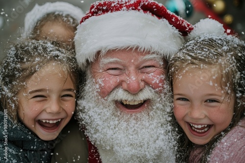 In a snowy winter scene, Santa Claus and exuberant children revel in the festive season, capturing the essence of warmth, joy, and togetherness in the holiday spirit.