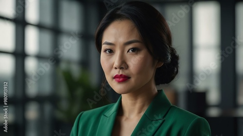 Free Download adult black hair asian woman in green formal attire model portrait looking confident on an office background for ad concept space for text - GFXLoad