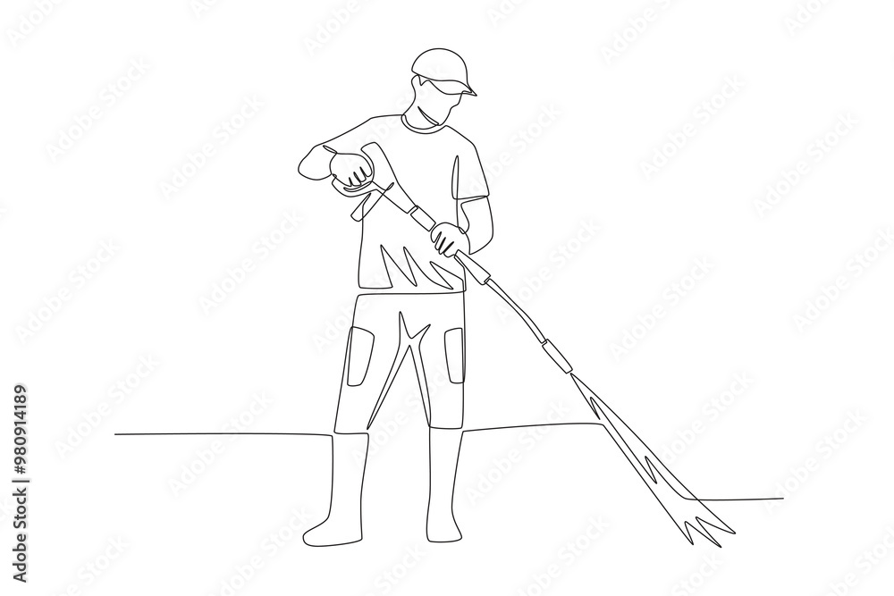 Man watering plants with pest medicine. Pest control concept one-line drawing Man watering plants with pest medicine. Pest control concept one-line drawing