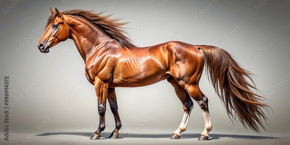 Majestic brown horse standing alone on a transparent studio background, showcasing its elegant muscles, flowing mane, and regal demeanor in a stunning portrait. Majestic brown horse standing alone on a transparent studio background, showcasing its elegant muscles, flowing mane, and regal demeanor in a stunning portrait.