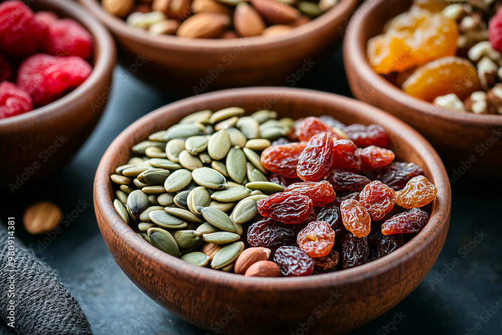 Close-up of pumpkin seeds and raisins in wooden bowl with autumn snack assortment Close-up of pumpkin seeds and raisins in wooden bowl with autumn snack assortment