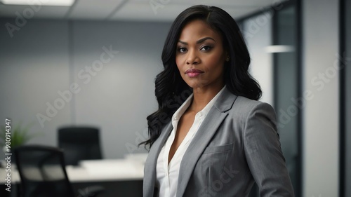 Free Download adult black hair american woman in gray formal attire model portrait looking confident on an office background for ad concept space for text - GFXLoad