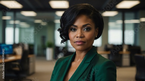 Free Download adult black hair american woman in green formal attire model portrait looking confident on an office background for ad concept space for text - GFXLoad